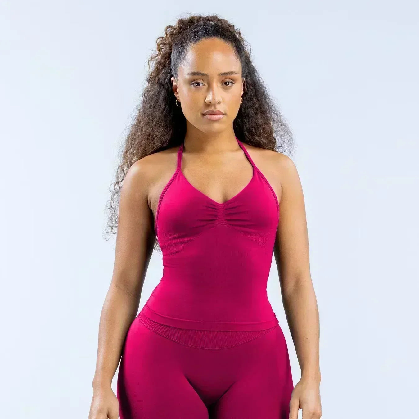 NEW Arrivals 2PCS Set 10 Colors Girls Yoga Gym Set Women's Strap Vest & Shorts Resistance Training Seamless Halter Tank Top Scrunch Butt Lifting Gym Shorts Set