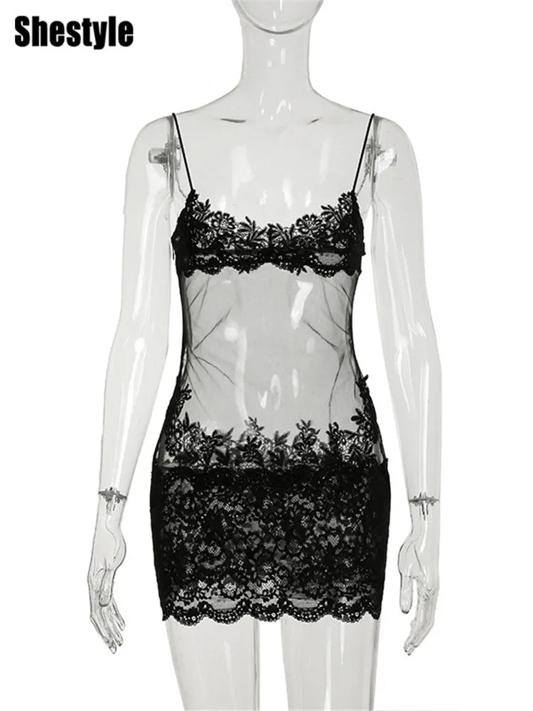 NEW UK Size Handmade Lace Transparent Mini/Maxi Dress Sexy Women Wrapping Spaghetti Embroidery Flower Sheath Nightwear Club Mesh Wave Fantasy Girls Sexy See Through Short and Long Dress