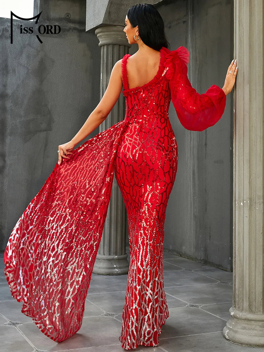 Missord 2024 New Red Asymmetric Sequin Mermaid Wedding Birthday Party Evening Dress