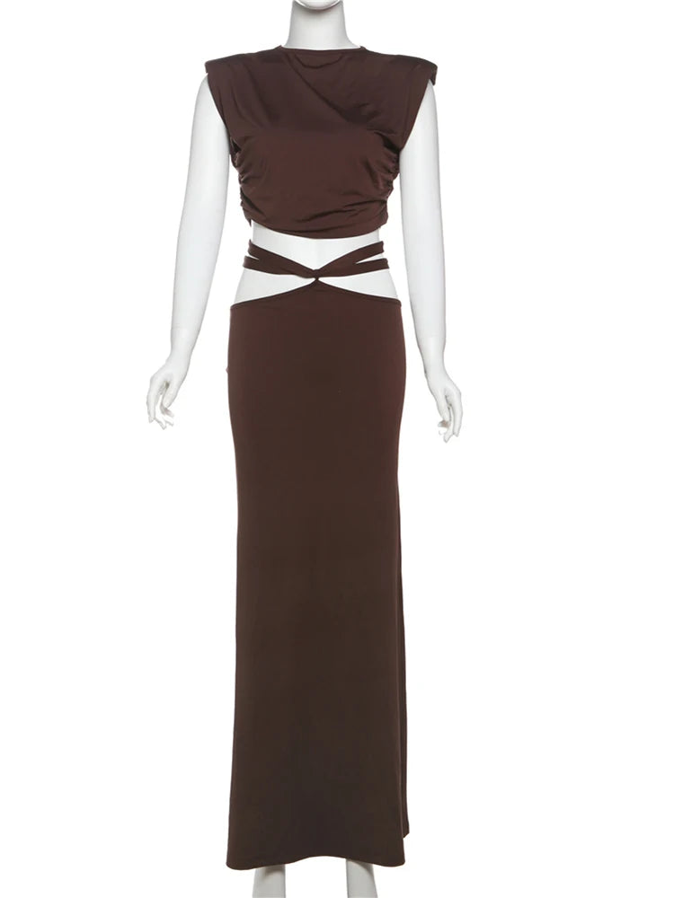 NEW 2PCS Set Hipster High Waist Women O-Neck Sleeveless Crop Tops + Hollow Bandage Long Skirt Trend Ruched Elegant Suits