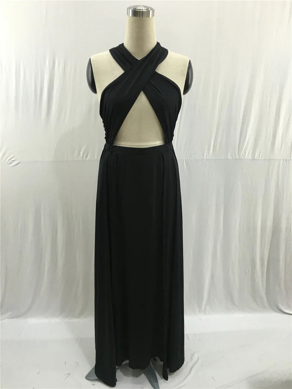 BRAND NEW S-3XL Plus Size Apricot/Black Extremely Sexy Elegant Evening Party Fashion Chubby Women Solid Criss Cross Halter Neck Dress Summer Evening Night Club Party Hollow Out Double High Split Long Dress