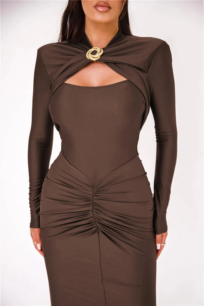 Luxury Hollow Out Long Sleeve Sexy Maxi Dress For Women Girls Gown Autumn Winter New Metal Buckle Ruched Slit Long Elegant Dress Evening Wedding Birthday Party Female Ladies Luxury Fashion Clothing Supplies