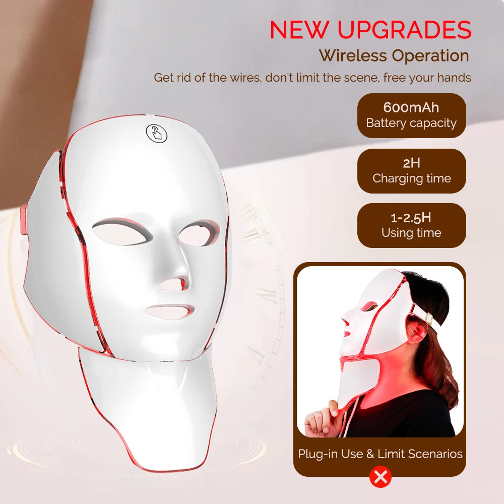 NEW 7 Colors LED Facial Mask with Neck Light Therapy Red Light Facial Mask for Anti-Aging Rejuvenation Brighten Skin Beauty Device Women Skin Care Supplies