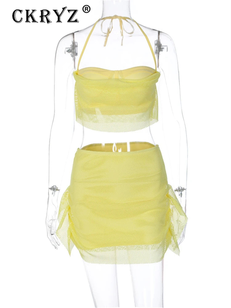NEW Arrivals 2PCS Set Summer Sexy Mesh Patchwork Y2K Sleeveless Backless Sexy Crop Top And Mini Skirt Set Women Female Evening Beach Party Night Clubwear Outfit Suit Ladies Girls Luxury Fashion Clothing Supplies