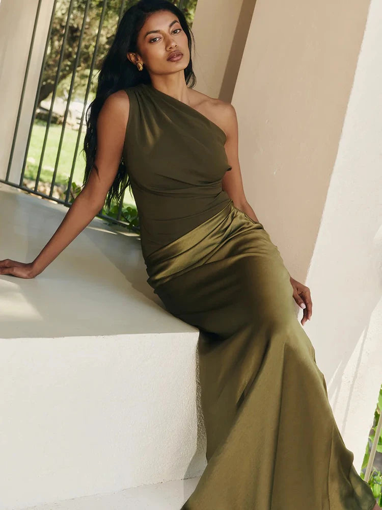 NEW Arrivals 4 Colors Patchwork Backless Satin Sexy One Shoulder Women Maxi Dress Sleeveless Evening Dress Summer Slim Elegant Party Clubwear