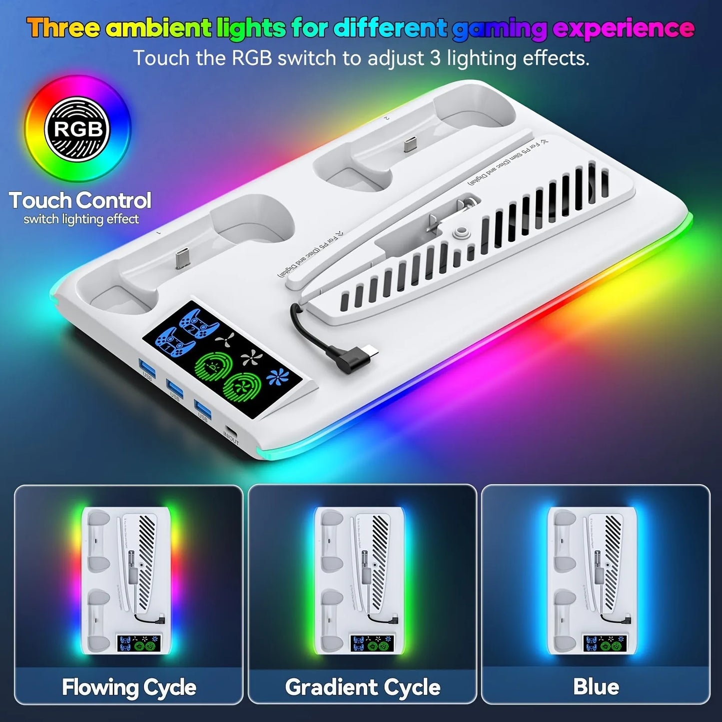 NEW Arrivals for PS5/PS5 Slim Stand with Headphone Hook Cooling Stand with Controller Charging Dock Station With 3 Levels Cooling Fan Computer Video Games Accessories Electronic Supplies