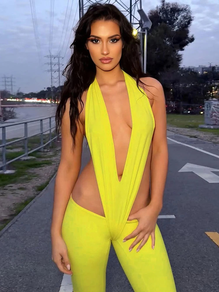 NEW Arrivals Pink/Yellow/Black Color UK Size Sexy Hot Irregular Hollow Sexy Jumpsuits Women Bandage Halter Deep V-Neck Backless Skinny Stretch Hot Girls Hipster Streetwear