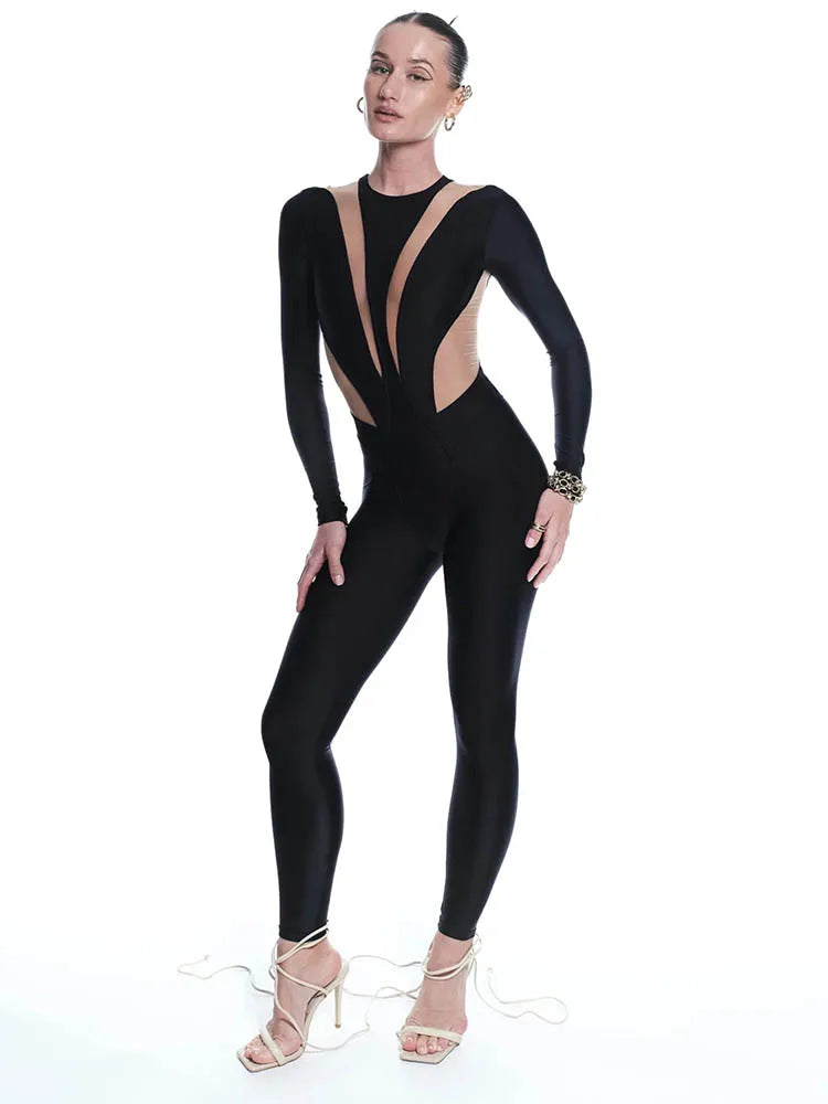 Sexy Mesh Patchwork Rompers Women Jumpsuits Fashion O Neck Long Sleeve Skinny Black Jumpsuits Female One Piece Overalls