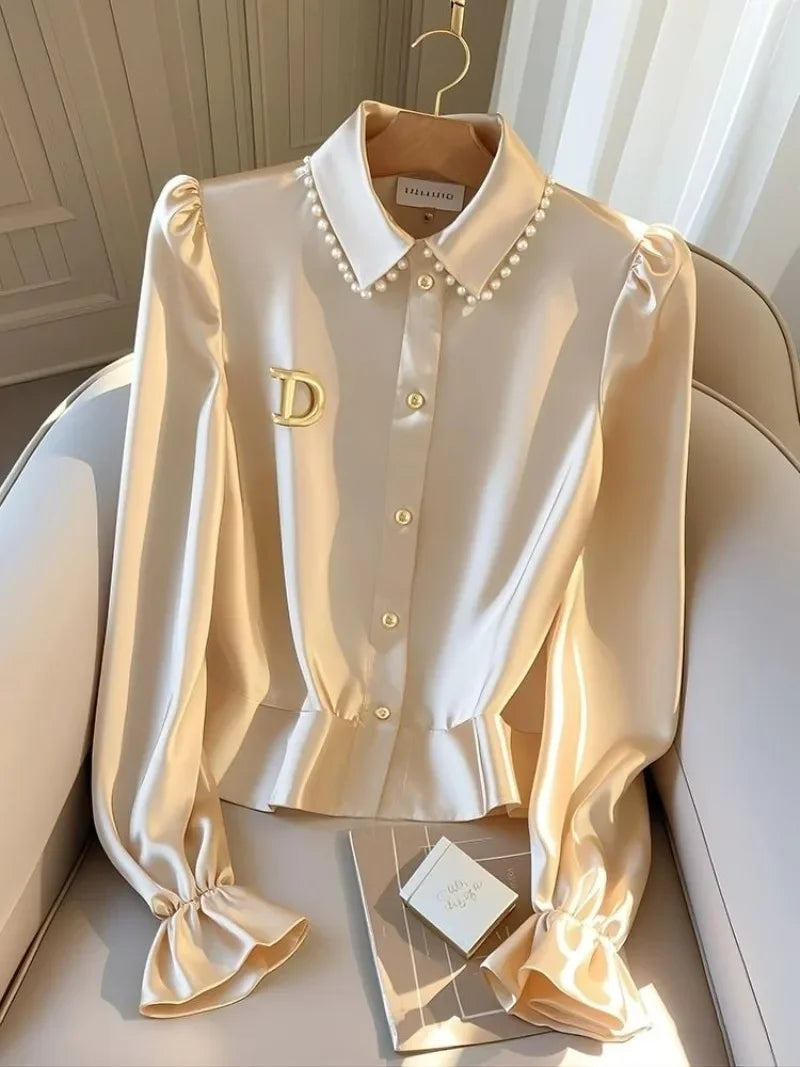 NEW Arrivals M-2XL UK Size Luxury Satin Casual Women's Blouses Spring/Summer New Solid Shirts Slim Fit Long Sleeves Top Women Clothing Sales Ladies Luxury Fashion Apparel Accessories