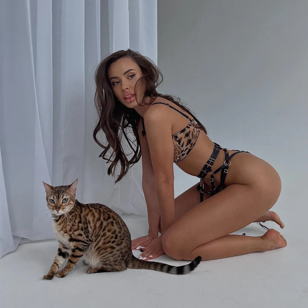 Yimunancy 3-Piece Leopard Mesh Lingerie Set Women Vintage Sexy Exotic Set Ring Bow Fancy Garter Brief Kit