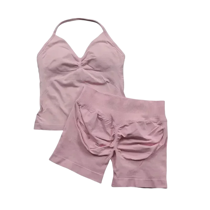 NEW Arrivals 2PCS Set 10 Colors Girls Yoga Gym Set Women's Strap Vest & Shorts Resistance Training Seamless Halter Tank Top Scrunch Butt Lifting Gym Shorts Set