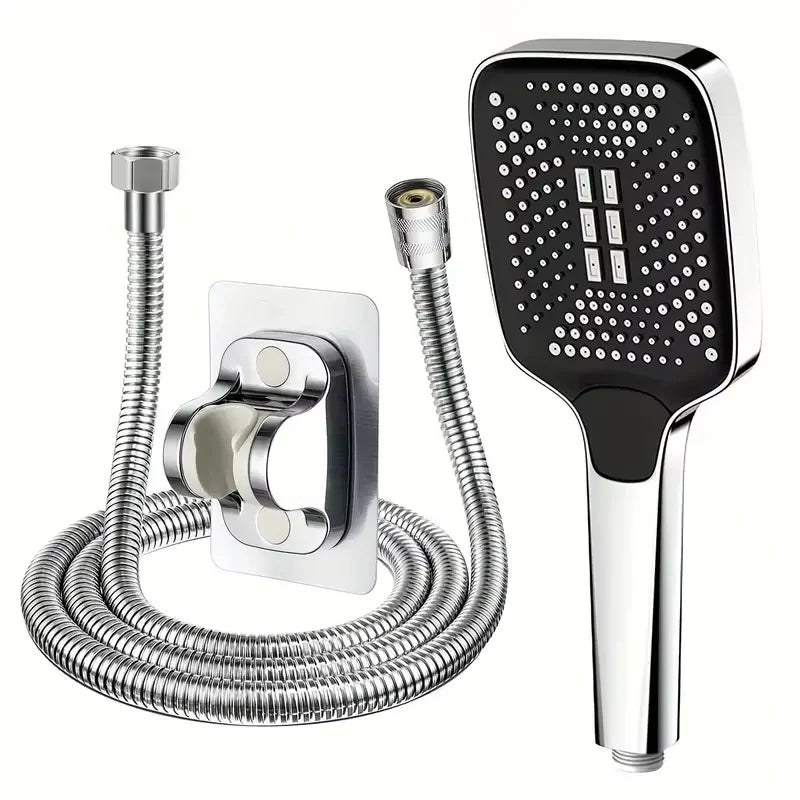 NEW Arrivals Super Power Set Silver Adjustable Thickened Shower Head Square Button Boosting Shower Head Water Outlet Shower Head Set Bathroom Accessories Home Supplies