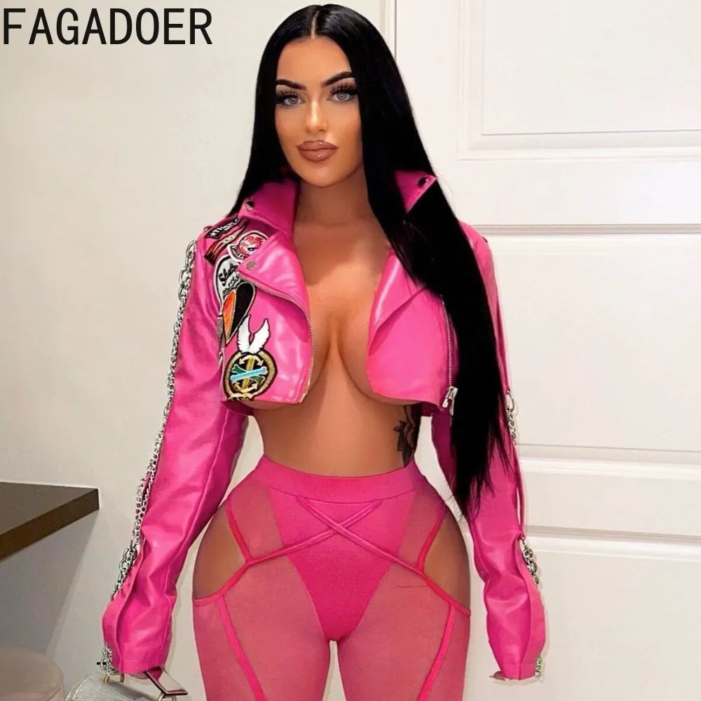NEW Arrivals Y2K Rose Pink Leather Jacket Women Punk Moto Coat Lapel Chain Patchwork Cropped Jackets Hot Girl Autumn Winter Outwear