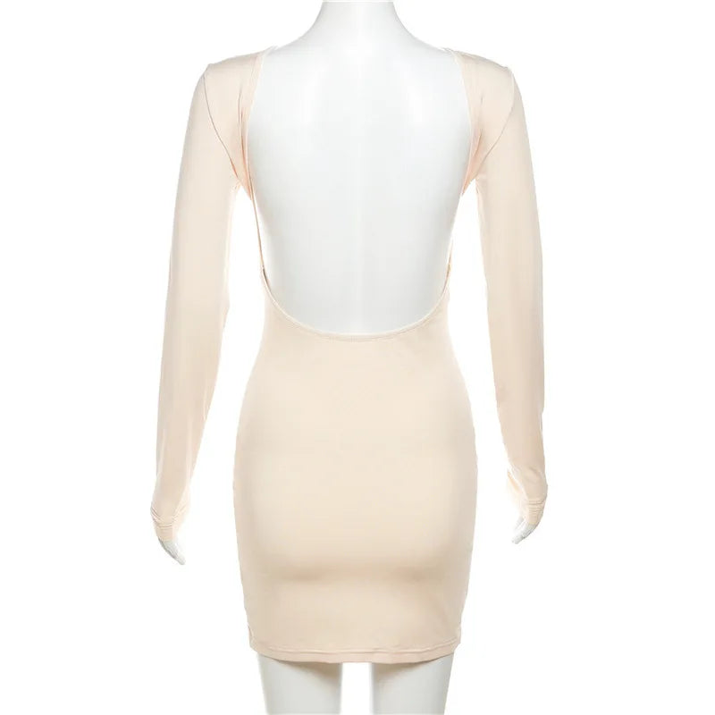 NEW Arrivals Khaki/Black Autumn Fashion Sexy Open Back Solid Slinky Female Mini Dress Evening Night Club Party Outfits Long Sleeve Round Neck Bodycon Dresses Ladies Girls Sexy Fashion Clothing Supplies