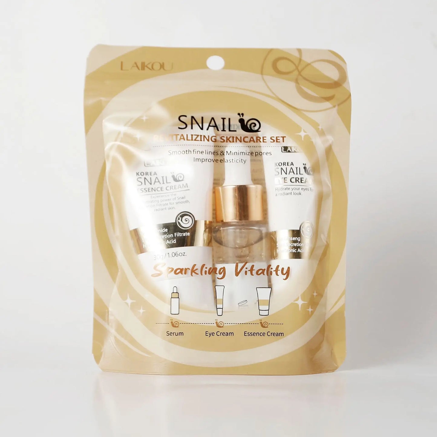 NEW 3PCS Set Korean Snail Luxury 24K Gold Infused Snail Repair Serum Eye Cream Essence Set Moisturizing Smoothing Fine Lines Minimizing Pores Women Beauty Supplies Korean Cosmetic Products
