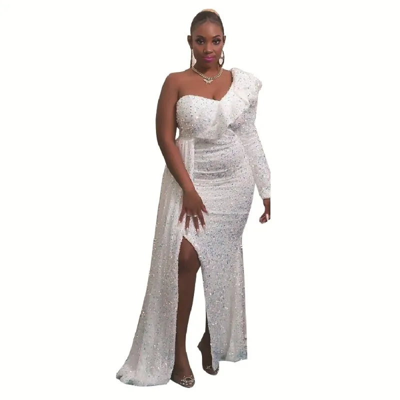 NEW Arrivals S-4XL Plus Size 7 Colors Women One Shoulder Sequin Slim High Waist Dress Autumn Winter Spring Evening Party Dress Women Sexy Ruffle Elegant Party Formal Dress