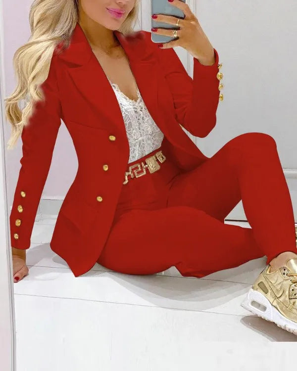NEW Arrivals S-2XL-2PCS Set- 5 Colors Casual Solid Suit Coat Pants Set Office Lady Autumn Spring Elegant Long Sleeve Top Trousers Women Evening Night Club Party Business Dinner Outfit Girls Ladies Luxury Fashion Clothing Supp