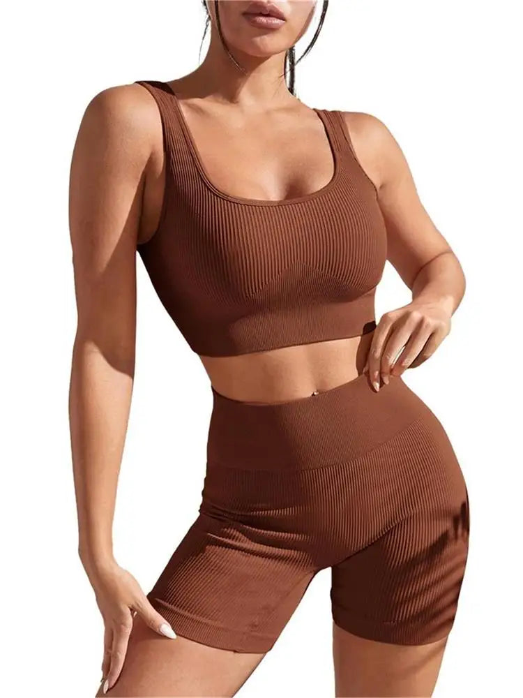 NEW Arrivals 2PCS Set 8 Colors Seamless Ribbed Yoga Sets Workout Sets for Women Gym Suits Ribbed Crop Tank High Waist Shorts Outfits Fitness Running Yoga Suit