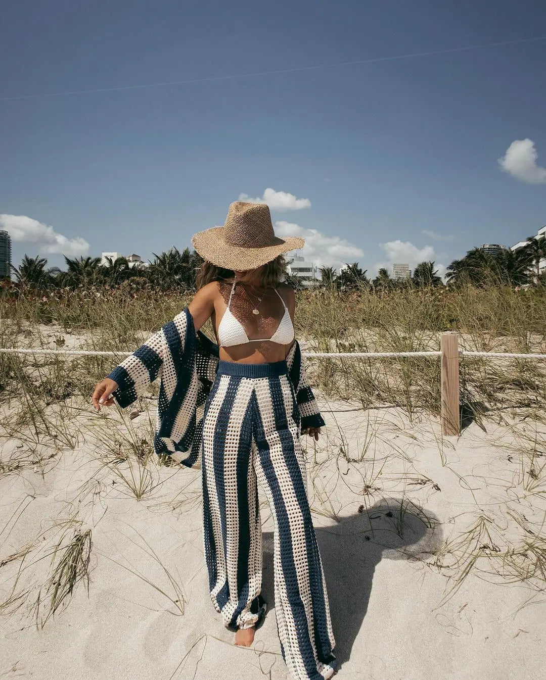 NEW Arrivals 2PCS Set UK Big Size Rose Red/Brown/Dark Blue Summer Beach Casual Women Suit Sexy Spring Summer Hollow Out V-Neck Half Sleeves Wide Leg Pants Sets Stripe Shirts Pant Sets