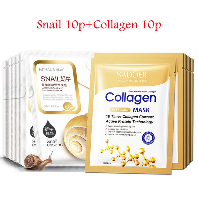 NEW 20PCS Korean Set Snail + 24K Gold + Collagen + Hyaluronic Acid Face Mask Skincare Moisturizing Anti Wrinkle Whitening Facial Masks Face Sheet Mask Korean Skin Care Products