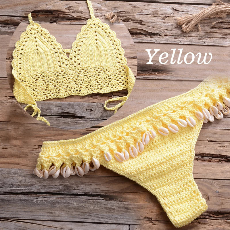 NEW Arrivals 10 Colors Handmade Sexy Women Large Size Swimwear Knitted Halter Bikini Top Bra Sexy Beach Swimsuit Hollow Bathing Suit Bikini Set Push Up Swim Thongs