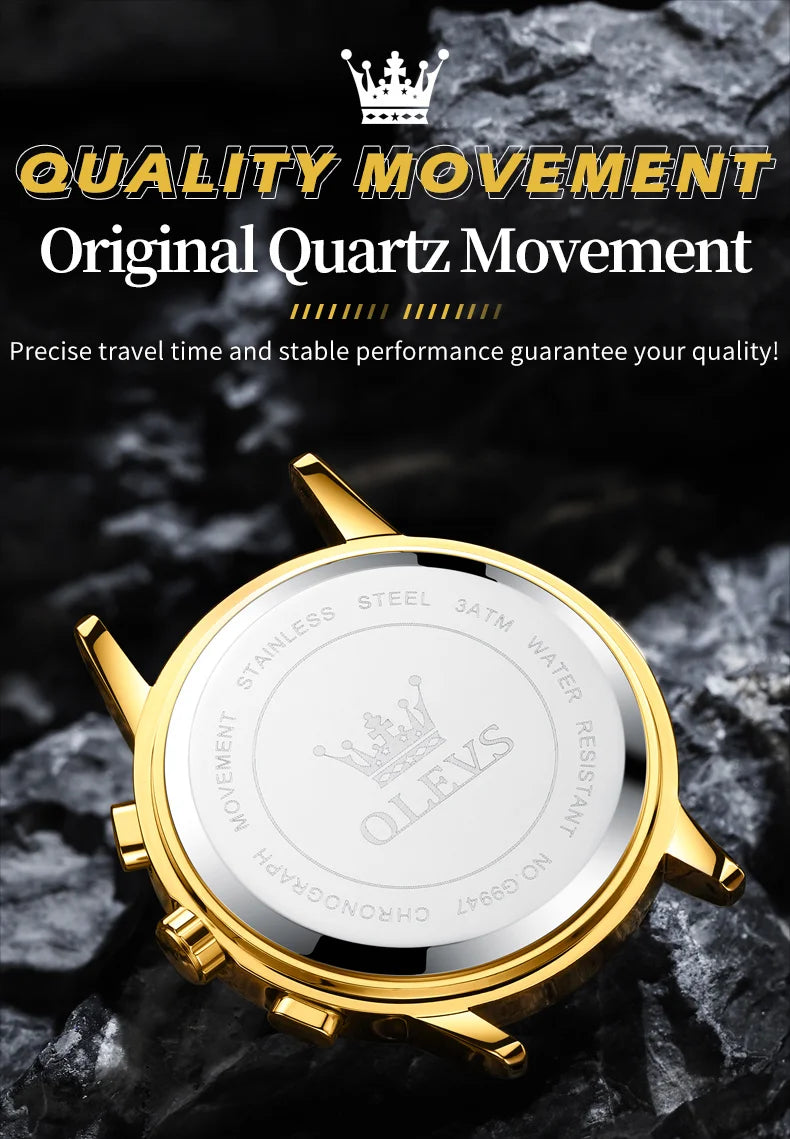 NEW 100% Original OLEVS Luxury Men's Watches Top Brand Luxury Original Waterproof Quartz Watch for Man Gold Skeleton Style 24 Hour Day Night Wristwatch Perfect Gift for Husband Boyfriend