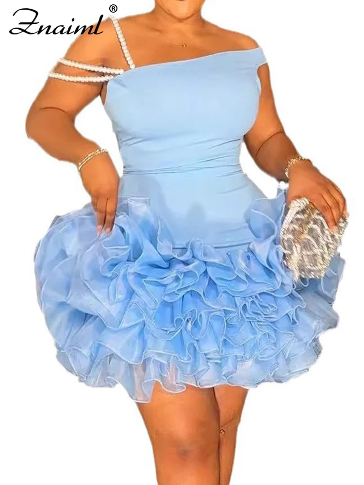 NEW Arrivals S(8)-3XL(20-22) UK PLUS Size Pink/Blue/White/Red Luxury Chubby Women Blue Stretchy Mini Dresses With Pearls Ruffles Trimmed Bottom Sexy Sheath Short Wedding Guest Evening Birthday Party Gowns