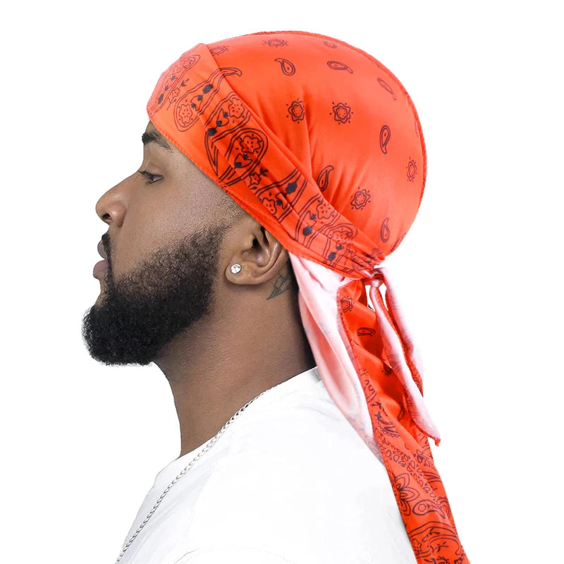 New Men Satin Paisley 8 Colors Durag Turban Bandanas Headwear Silky Durag Doo Rag Long Tail Pirate Hat Wave Caps Hair Accessories