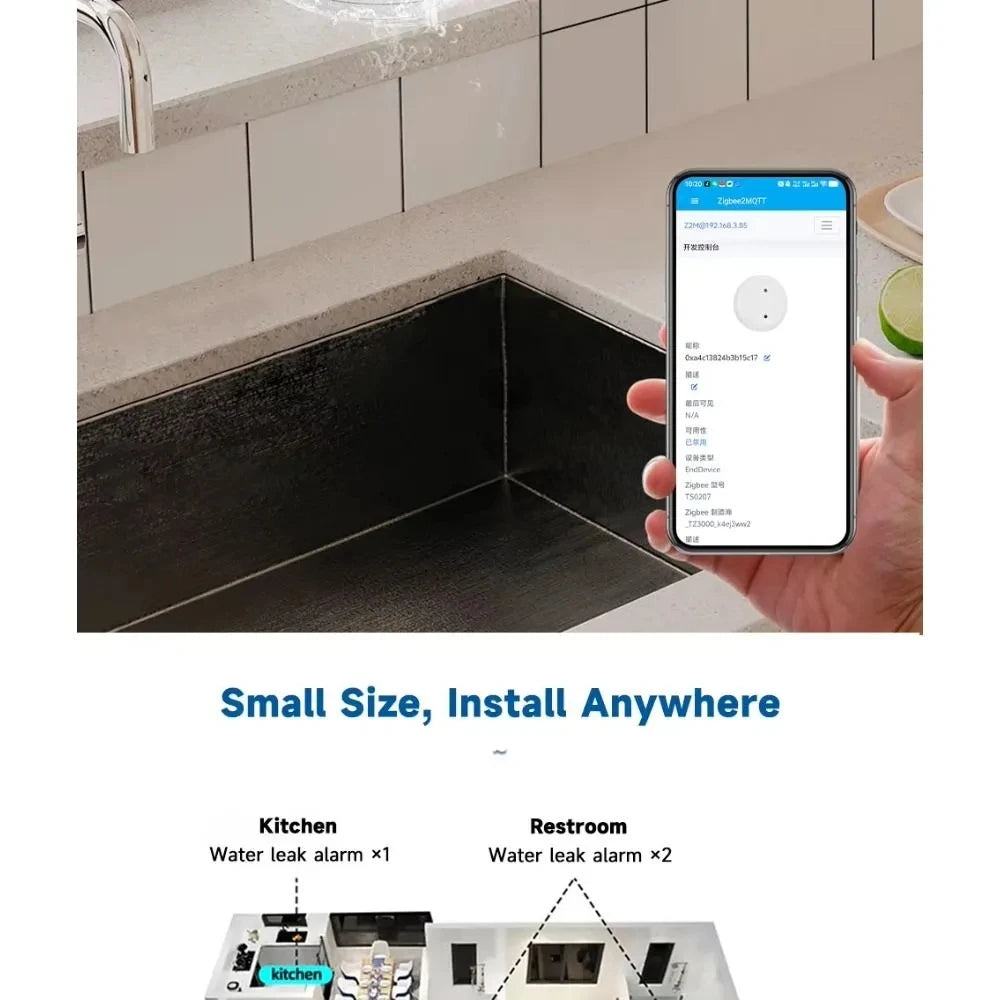APP Control Zigbee 3.0 Water Leak Flood Detector Sensor with App Remote Monitoring for Kitchen Bathroom Compatible with Home Assistant