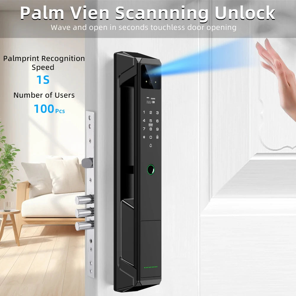 NEW Arrivals P8 TUYA App Wi-Fi Smart Lock, 21 Languages, Remote Video Call Intercom, Face-Palm IC Card Unlock, Black/Gray Anti Theft Top Quality Security System Home Apartments Office Security Supplies