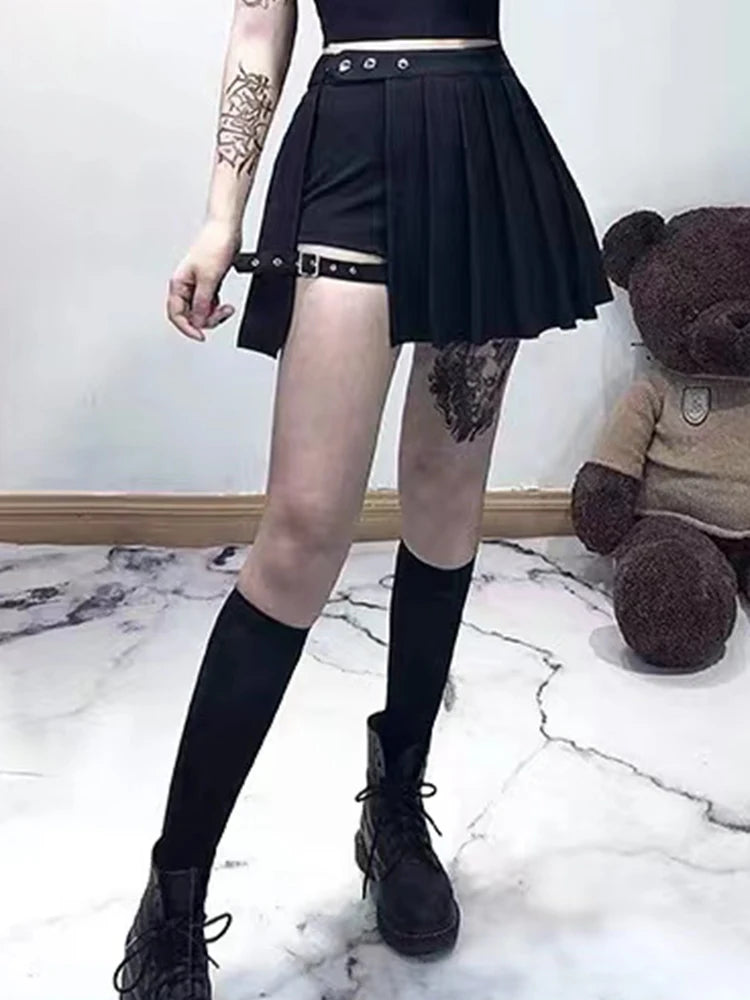 Punk Mall Goth Shorts Skirt Women Y2k E-girl Streetwear Leg Ring Buckle Detachable High Waist Emo Alt Clubwear