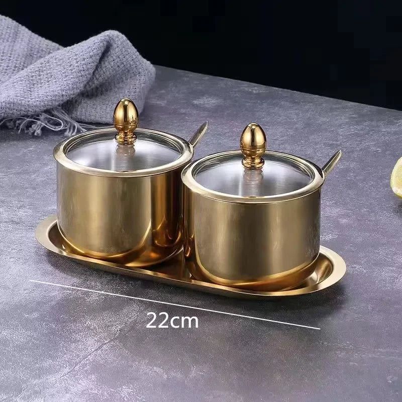 NEW Arrivals 2/3/4 Sets Luxury Golden 304 Seasoning Box Bottle Glass Pot Cap with Spoon Flavoring, Holder Rack Tank Sauce Spice Jar Salt Soy Storage Box Kitchenware Preparing Cooking Tools