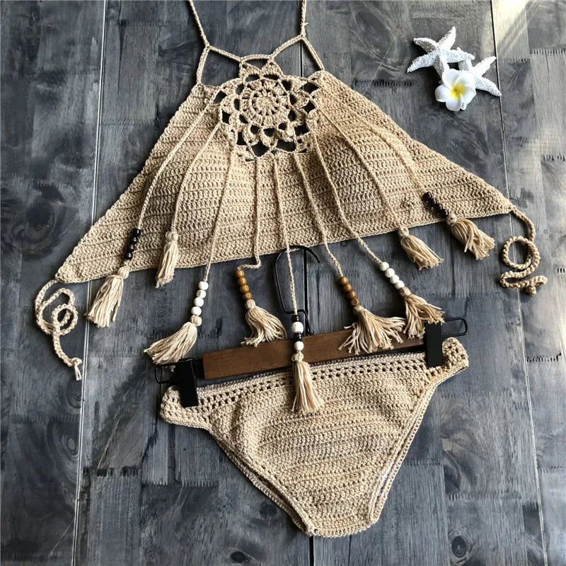 NEW Arrivals 7 Colors Handmade Women Knitted Swimwear Sexy Bikini 2PCS Set Swimsuit Female Push Up Brazilian Biquini Bathing Suit Thong Bather Bikini Set Girls Ladies Beachwear
