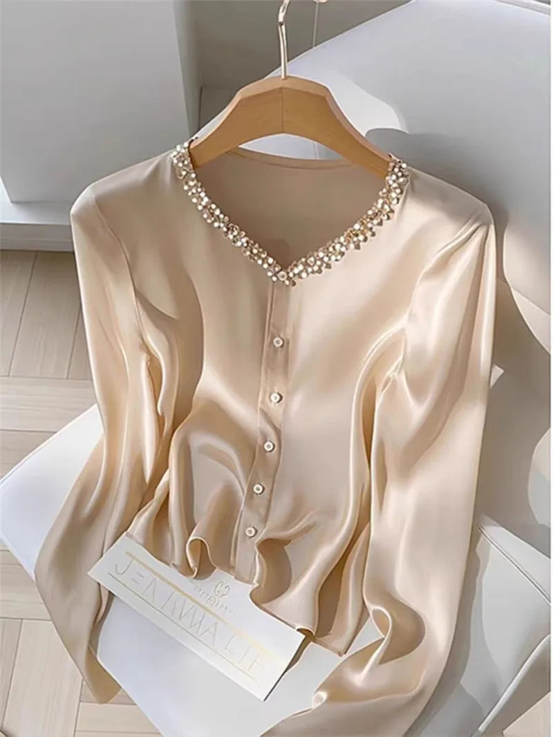 NEW Arrivals M-2XL UK Size Luxury French Acetate Blouse Spring Autumn V-Neck Sequined Shirt for Women Long Sleeve Champagne Female Top Light Luxury 513P