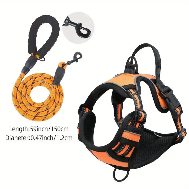 NEW 2PCS Set Service Dog Leash + Harness Front Clip Heavy Duty Reflective Easy Control Handle for Large Dog Walking Easy to Control for Small Medium