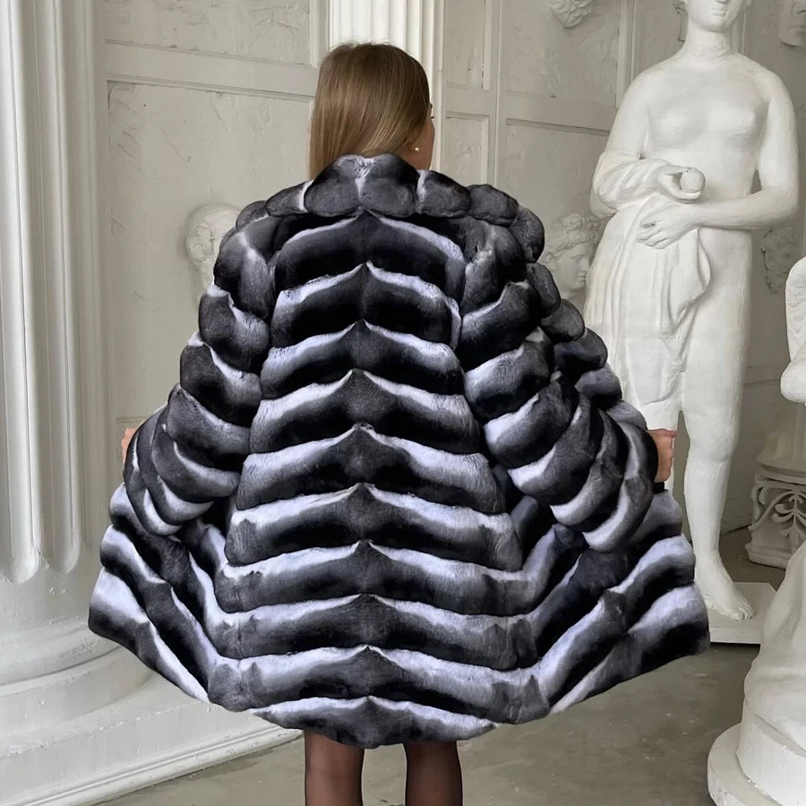 NEW Arrivals UK S-4XL Size 3 Colors Women Luxury Chinchilla Natural Rex Rabbit Fur Coat With Fur Collar Warm Winter Jacket Women Warm Chinchilla Fur Jacket Real Fur Coat