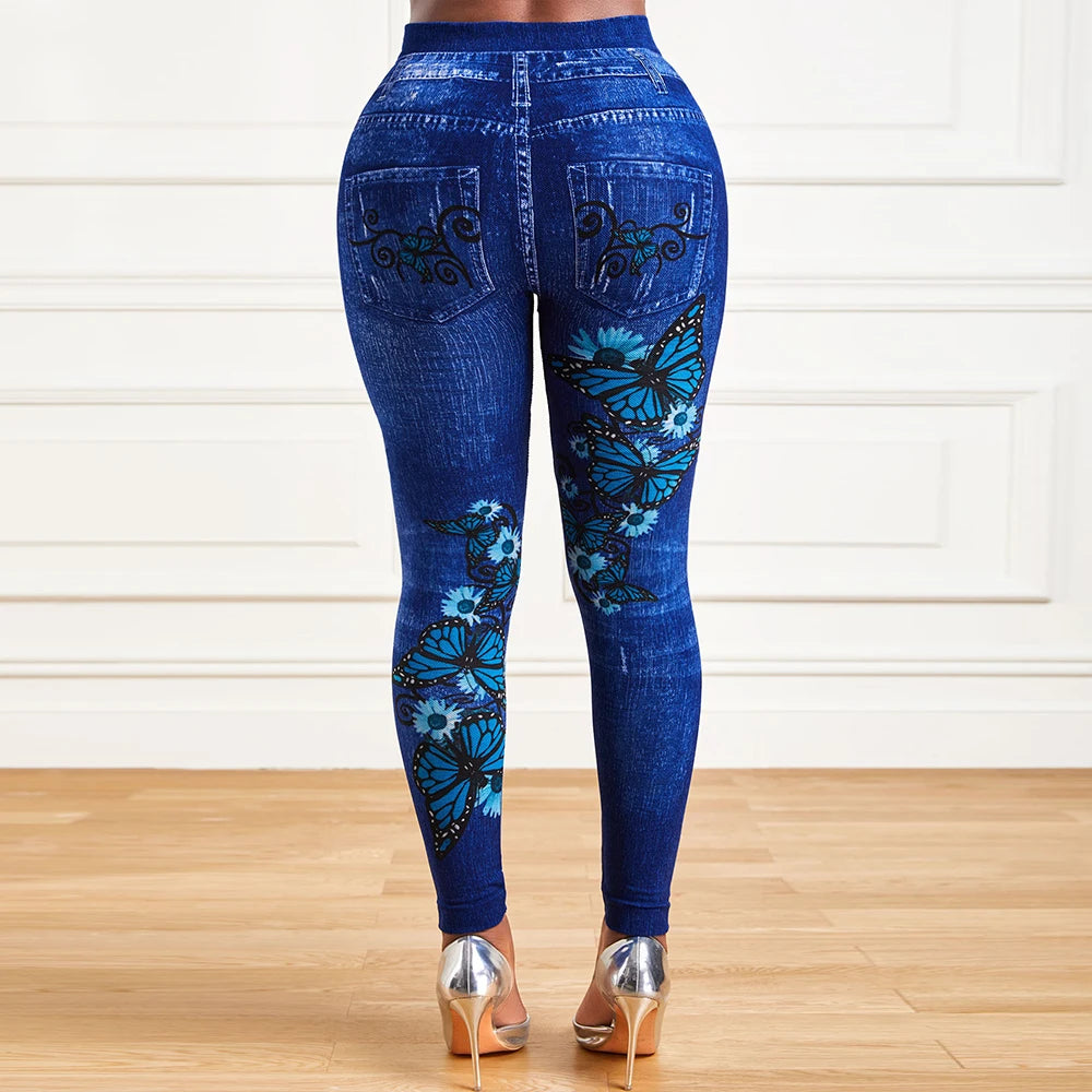Plus Size Oversized Women High Waist Stretchy Legging Denim Look Skinny Leggings Ladies Fashion Print Pencil Pants Clothing