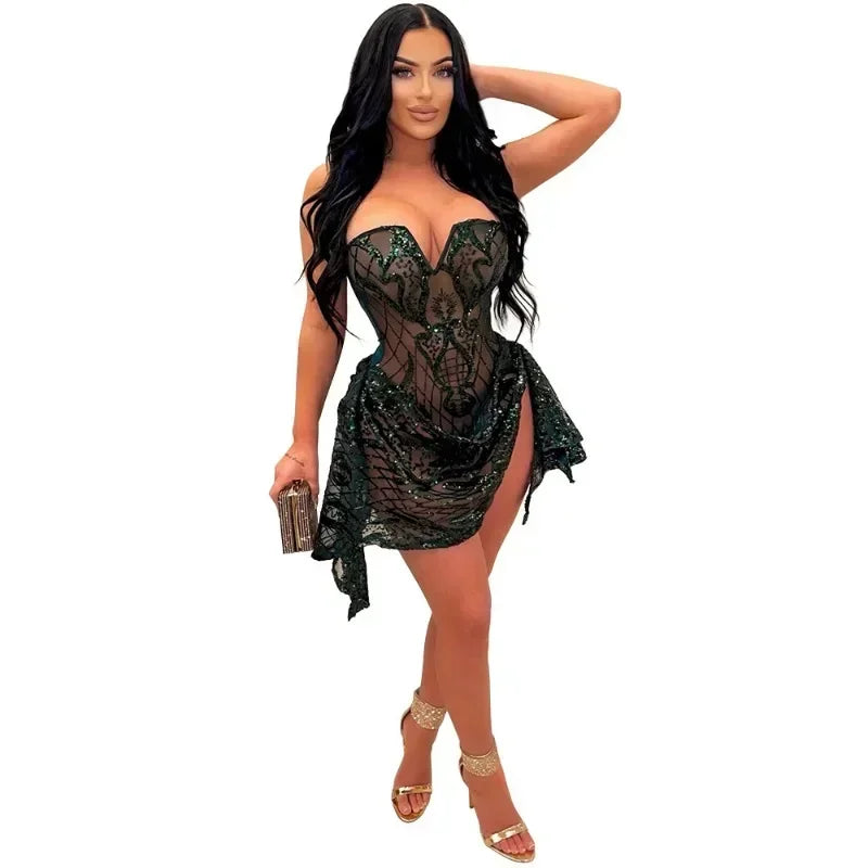 NEW Arrivals 3 Colors Sexy Mesh See Through Party Nightclub Birthday Women Dress Sequined Strapless V-neck Sleeveless Ruched Prom Mini Sexy Dresses