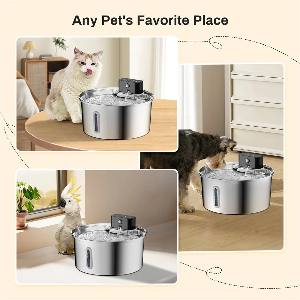 NEW Arrivals 3.2L/108oz Wireless Charging Sensor Cat Water Feeder Stainless Steel Cat Dog Water Fountain Silent Water Level Window No Plug