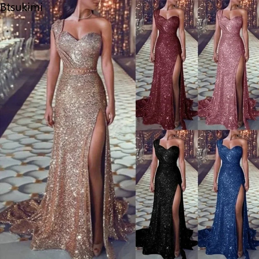 NEW Arrivals M-4XL 8 Colors Women's Wedding Party Dress Evening Elegant Sexy Deep V-Neck One Shoulder Sleeveless Sequined Long Maxi Dresses Ladies Luxury Fashion Clothing Products