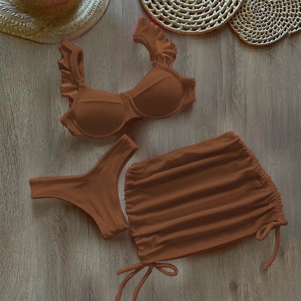 Solid Wavy Fabric Low Waist Bikini Set Cover Up Swimsuit For Women Push Up Ruffle Three Pieces Swimwear Beach Bathing Suits