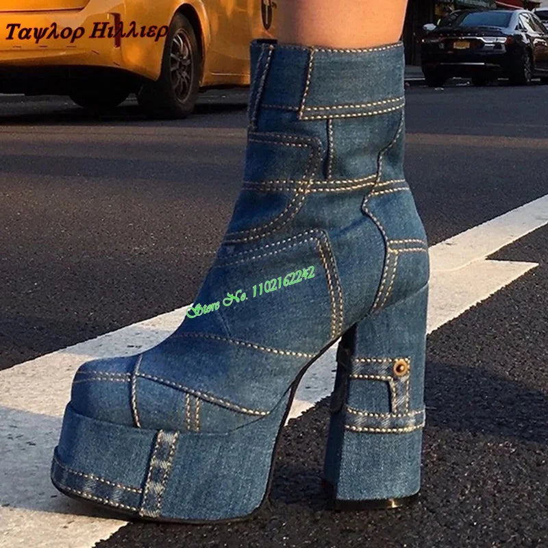 Blue Denim Waterproof Platform Short Boots Round Toe Thick Heel Side Zipper Catwalk Stage Party Fashion Boots Women'S Autumn 47