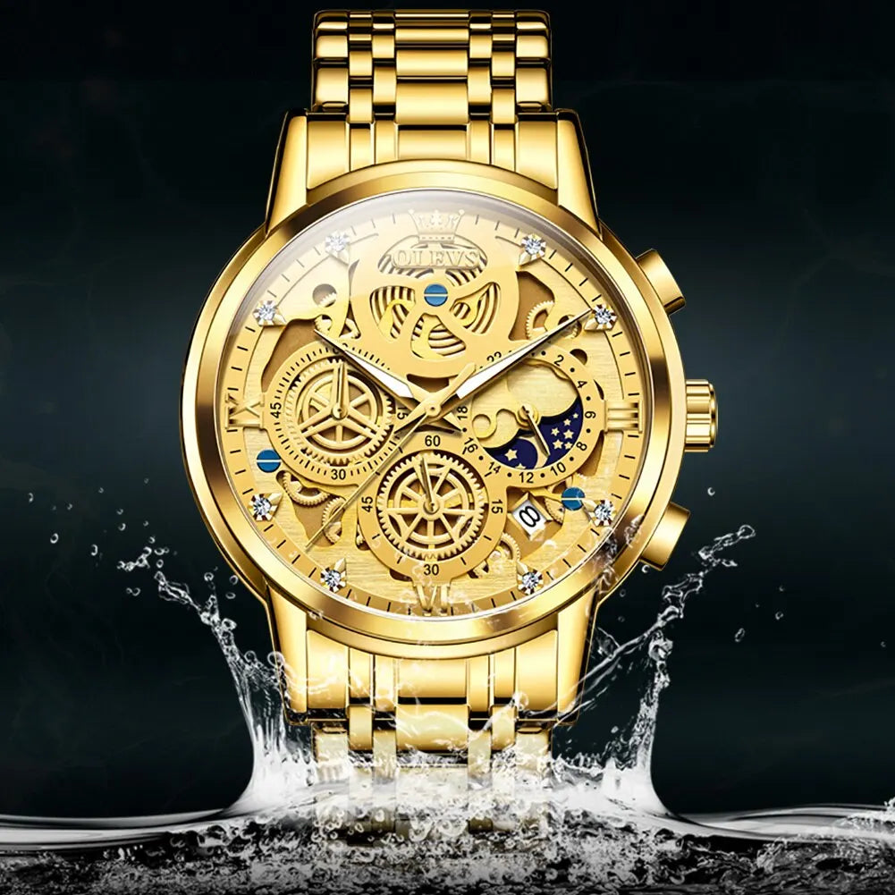 NEW 100% Original OLEVS Luxury Men's Watches Top Brand Luxury Original Waterproof Quartz Watch for Man Gold Skeleton Style 24 Hour Day Night Wristwatch Perfect Gift for Husband Boyfriend