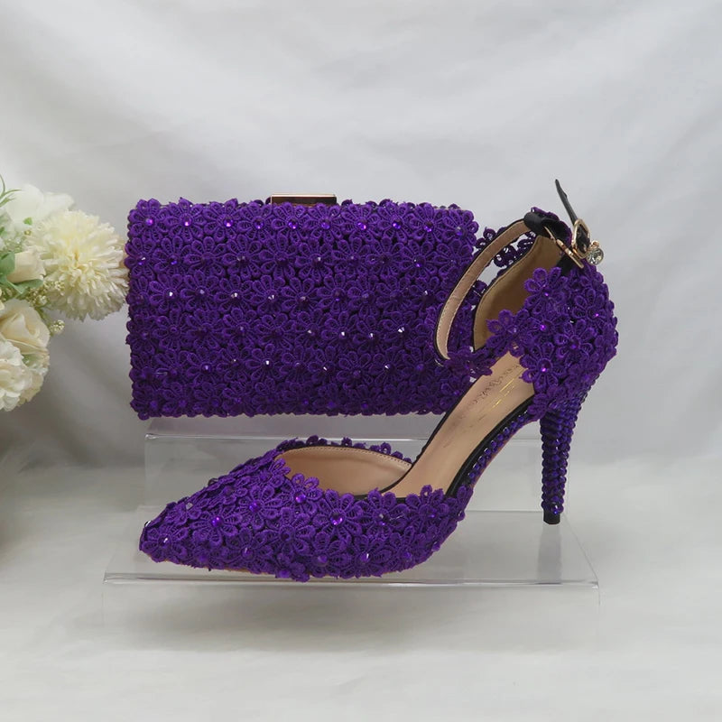NEW Arrivals Italian Design Purple Lace Flower Luxury Wedding Shoes And Bag Set Crystal Heels Pointed Toe Ankle Strap Evening Party Shoes with Matching Bags Lace-Up Girls Ladies Luxury Fashion Apparel Accessories Clothing Pro