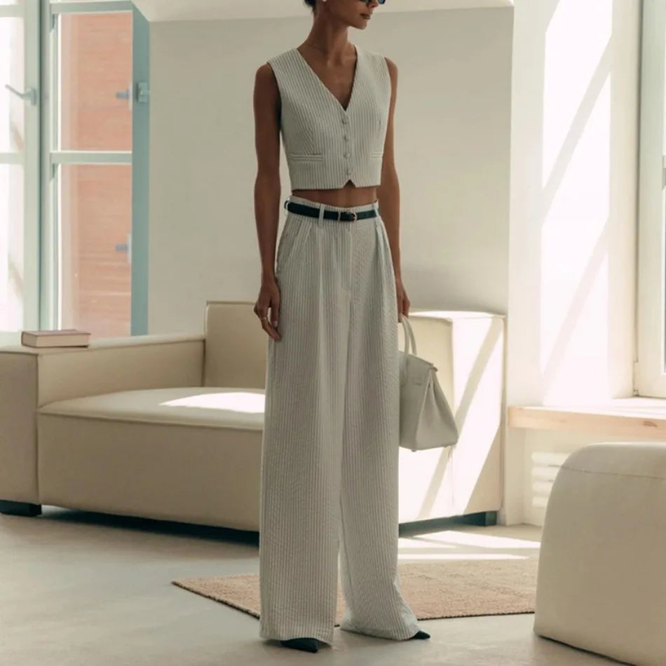 NEW Arrivals 2PCS Set UK Size Italian Fashion Office Lady Striped White Sleeveless Vest V-Neck Single-Breasted Straight Pant High Quality Spring Suit