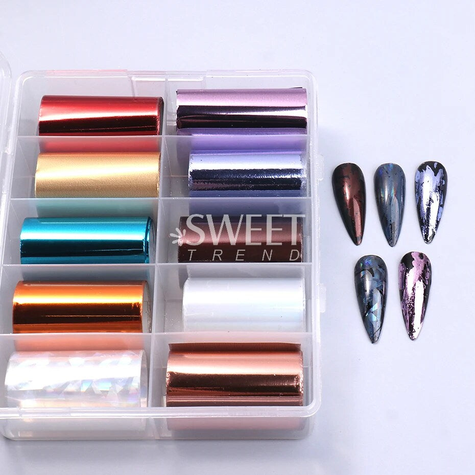 10 Roll/Box Metallic Mirror Nail Foils Holographic Gold Silver Champagne Transfer Stickers DIY Charm Starry Paper Manicure Decor