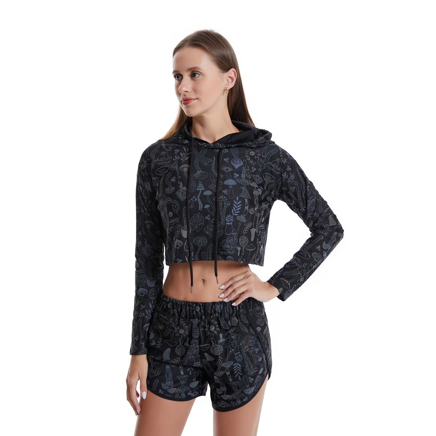 NEW Arrivals Spring Autumn Women Colorful Reflective Pullover Hoodies Y2K Harajuku Mushroom Printed Long Sleeve Crop Tops Night Clubwear Rave Party Costume