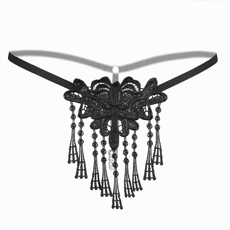 Pearl Massage Sexy Thong Hot Lace Embroidery Transparent Panties Women Sexy Lingerie Low Waist Hollowed Out T-back Femme Tangas
