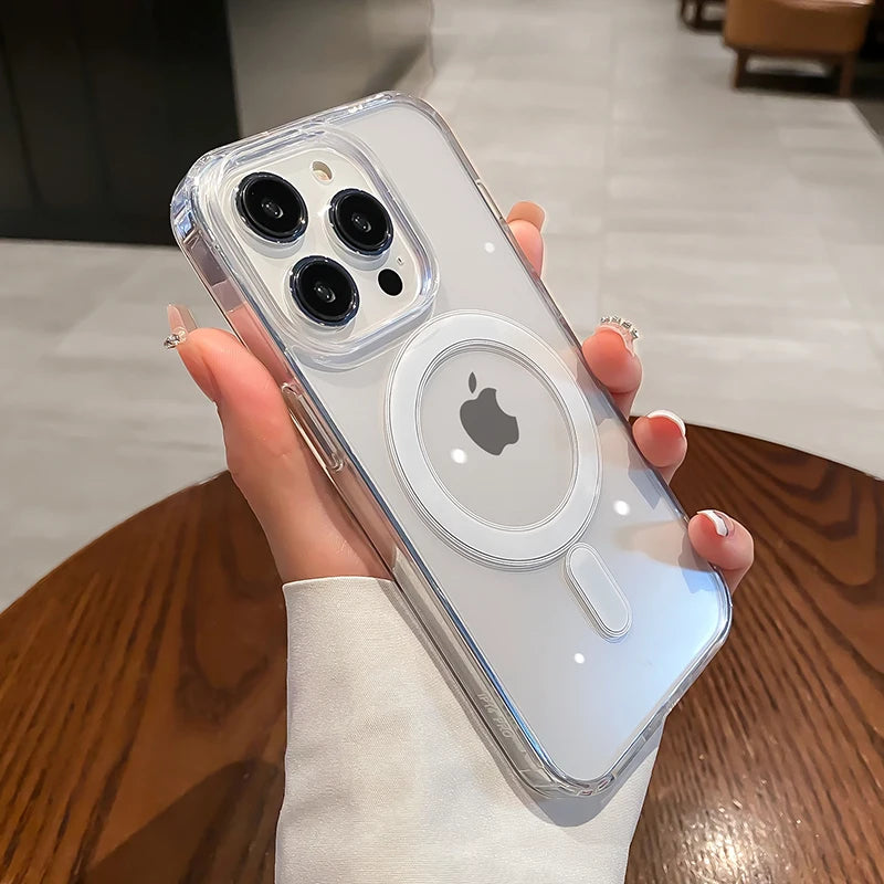 For iPhone Pro Max Magnetic Transparent Wireless Charge Case For iPhone 11 12 13 14 15 16 Pro Max Plus Mini X 7 8 Shockproof PC Cover