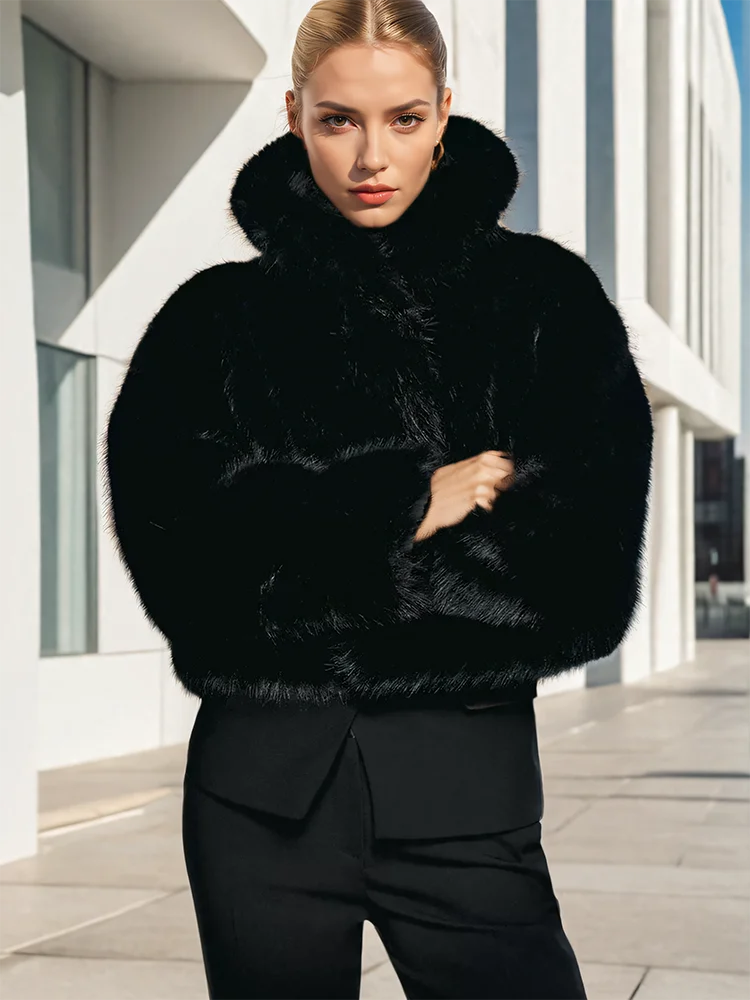 NEW Arrivals UK Size Italian Fashion High Quality Faux Fur Coat Women's Lapel Loose Long Sleeve Black Thick Warm Plush Short Jacket Winter Evening Party Night Club Outerwear New Girls Luxury Fashion Clothing Supplies